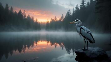 Heron Standing on Rock at Misty Lake Sunrise Reflections photo