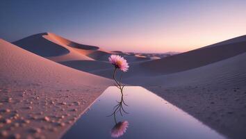 Pink Flower Reflecting in Water Desert Landscape at Sunset Serenity photo