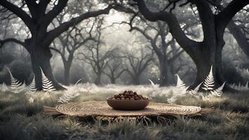 Arrangement of Round Food Items in Forest Clearing Setting photo