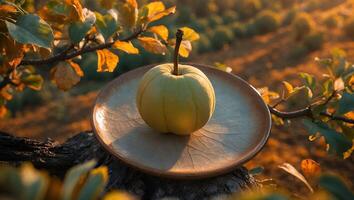 Yellow Apple on Plate with Golden Autumn Leaves in Background photo