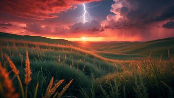 Lightning Strikes Over Rolling Hills at Sunset with Approaching Rain photo
