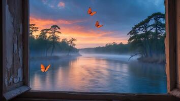 Scenic River View at Sunset with Butterflies Through Open Window photo
