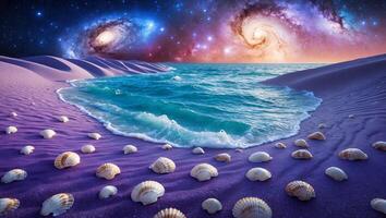 Seascape with Seashells on Dreamlike Beach Under a Galaxy Sky photo