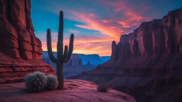 Dramatic Desert Landscape with Cactus at Sunset Featuring Red Rocks photo