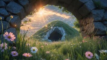 Arched Stone Opening Leading to Grassy Knoll and Spider Web at Sunset photo