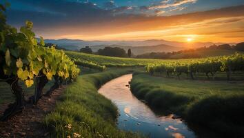 Vineyard Stream at Sunset Serene Landscape with Rolling Hills photo