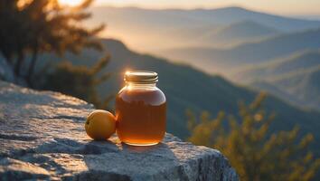 Jar of Peach Juice Sitting Atop Mountain Edge at Sunset photo