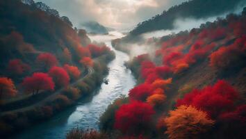 Scenic River Flowing Through Autumnal Forest Landscape with Foggy Mountains photo