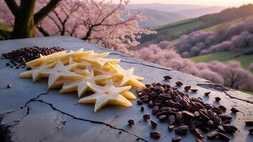 Arrangement of Star Fruit Slices and Cocoa Beans with Scenic Backdrop photo