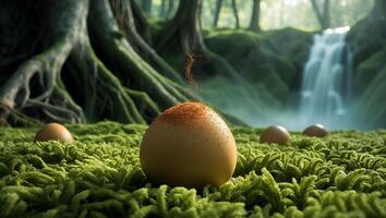 Sphere with Powder in Forest with Waterfall and Mossy Ground photo
