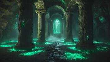 Illuminated Columns Glow Green Inside Ancient Stone Hallway Interior photo