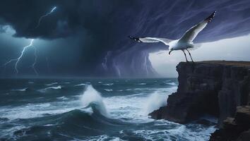 Seagull Readying to Fly From Cliffside During a Coastal Storm photo