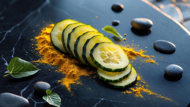 Sliced Cucumber on Dark Stone with Spice and Smooth Spa Rocks photo