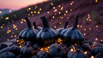Black Garlic Pile with Glowing Lights on Hillside at Dusk photo