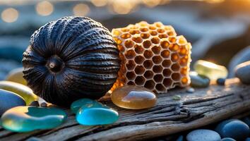 Arrangement of Natural Elements Like Honeycomb, Wood, and Smooth Stones photo