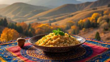Serving of Rice with Acorn in an Outdoor Mountain Setting photo
