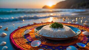 Rice with Herbs on Beach at Sunset with Sea and Shells photo