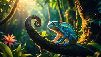 Lizard Sitting on Branch in Lush Forest with Sunlight photo