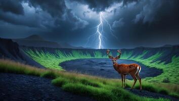 Deer Standing in Volcanic Landscape with Lightning Striking Background photo