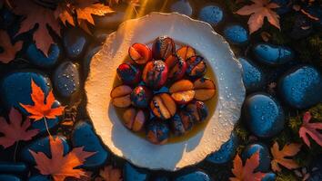 Grilled Plums on Plate Surrounded by Autumn Leaves and Rocks photo