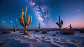 Cactus Field Under Night Sky with Milky Way Galaxy View photo