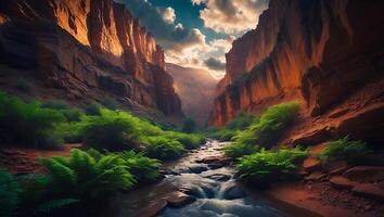Canyon Stream Flowing Through Lush Ferns Landscape with Warm Light photo