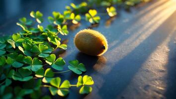 Golden Fruit with Clover Leaves Under Warm Sunlight on Dark Surface photo