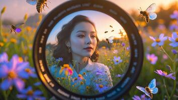 Woman Looking Through Lens Surrounded by Flowers and Flying Bees photo