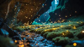 Glowing Lights Illuminate Mossy Forest Ground with Stream Landscape Scene photo