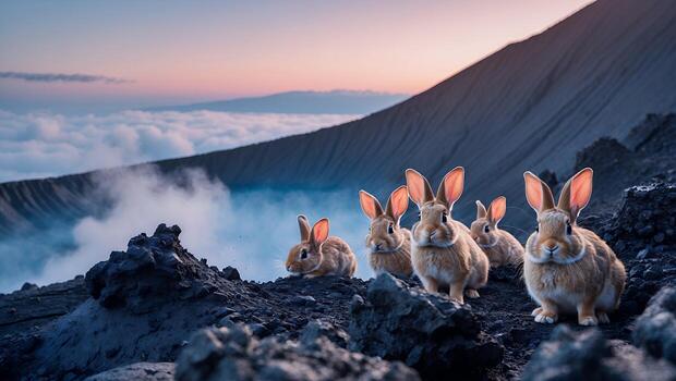 Rabbits Gathering on Volcanic Landscape at Dusk with Cloud Inversion photo