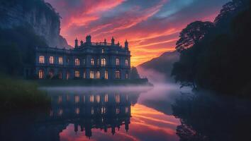 Mansion Reflecting on Water at Sunset with Fog and Mountains photo