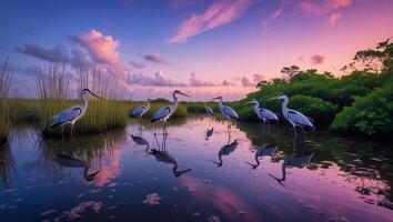 Herons Standing in Calm Water at Sunset with Sky Reflections photo