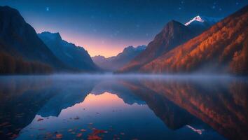 Reflecting Mountain Landscape at Dusk with Fog and Autumn Foliage photo