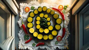 Arrangement of Sliced Cucumber and Chili Peppers on White Cloth photo