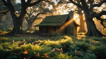 Rabbits Running Through Forest Meadow with Cabin and Sunlight photo