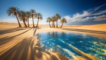 Palm Trees and Oasis in Sandy Desert Landscape Under Blue Sky photo