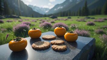 Persimmons and Cookies on Stone with Mountain Meadow Backdrop photo