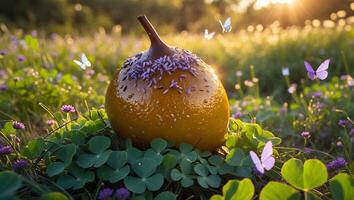 Glowing Orb in Meadow with Clover and Butterflies at Sunset photo