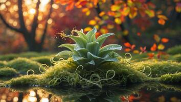 Plant Growing in Moss at Golden Hour Near Water Reflection photo