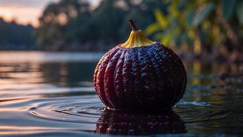 Dark Fruit Floating on Water Surface with Reflection in Nature photo