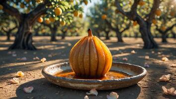 Gourd in Dish at Orchard with Fruit Trees and Fallen Petals photo