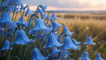 Blooming Bluebell Flowers Covered with Water Droplets in a Field photo