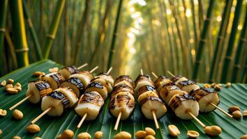 Grilling Skewers with Grilled Marks and Peanuts on Green Leaf photo