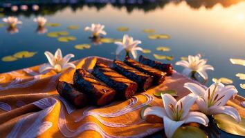Grilled Sausage Slices by Lakeside with Lily Flowers at Sunset photo