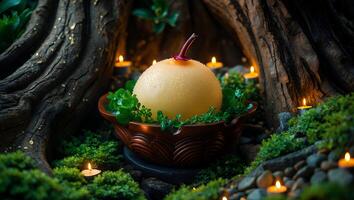 Spherical Object in a Bowl Surrounded by Candles in Wood Setting photo