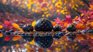 Black Stone Art on Reflection with Autumn Leaves Background photo