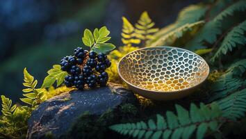 Displaying Blackberries and Golden Bowl with Ferns in a Forest Setting photo