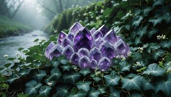 Amethyst Crystal Cluster Nestled in Greenery by Misty Forest Stream photo
