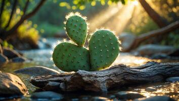 Prickly Pear Cactus Pad Resting on Log by Flowing River photo
