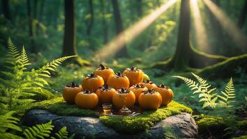 Arrangement of Persimmon Fruits and Glassware on Mossy Rock in Forest photo
